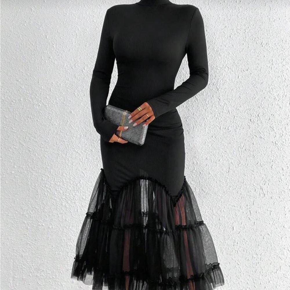 Elegant Black Long Sleeve Dress with Tulle Skirt